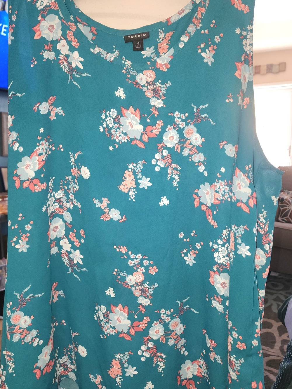 torrid teal floral sleeveless tank with coral and white blooms Sz 4